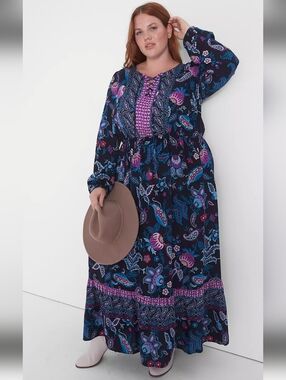 LANE BRYANT 16. PAISLEY BLACK FLORAL MAXI DRESS. PLUS. LONG SLEEVES.